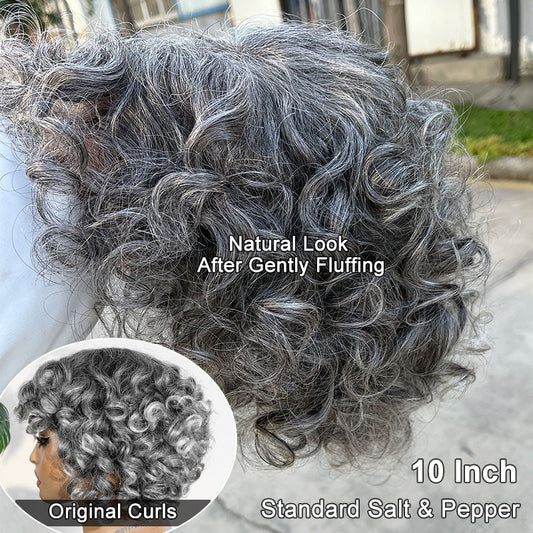 Chic Salt & Pepper Loose Curly Bob Silver Gray Human Hair Glueless Wigs For Elderly Women