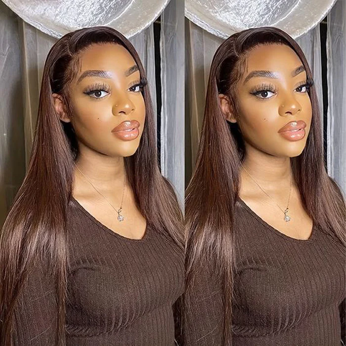 #4 Brown Lace Frontal Wig Human Hair Sliky Straight Lace Wig
