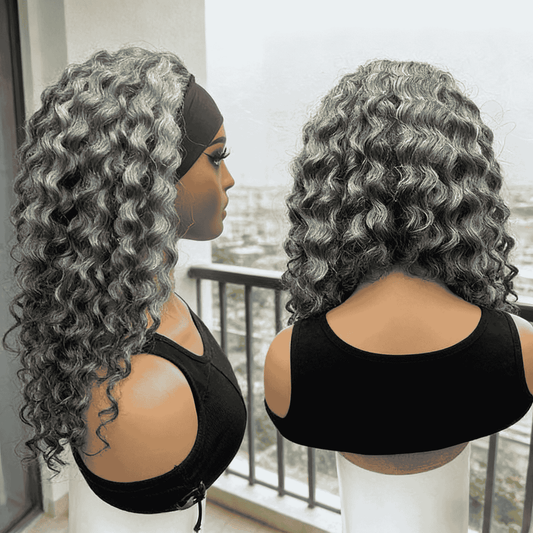 Water Wave Hair Headband Wig Real Human Hair Salt & Pepper Glueless Wigs For Women