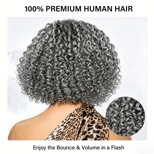 Short Jerry Curly Gray Wig | Real Salt & Pepper Human Hair Glueless Lace Wigs Mature & Stylish