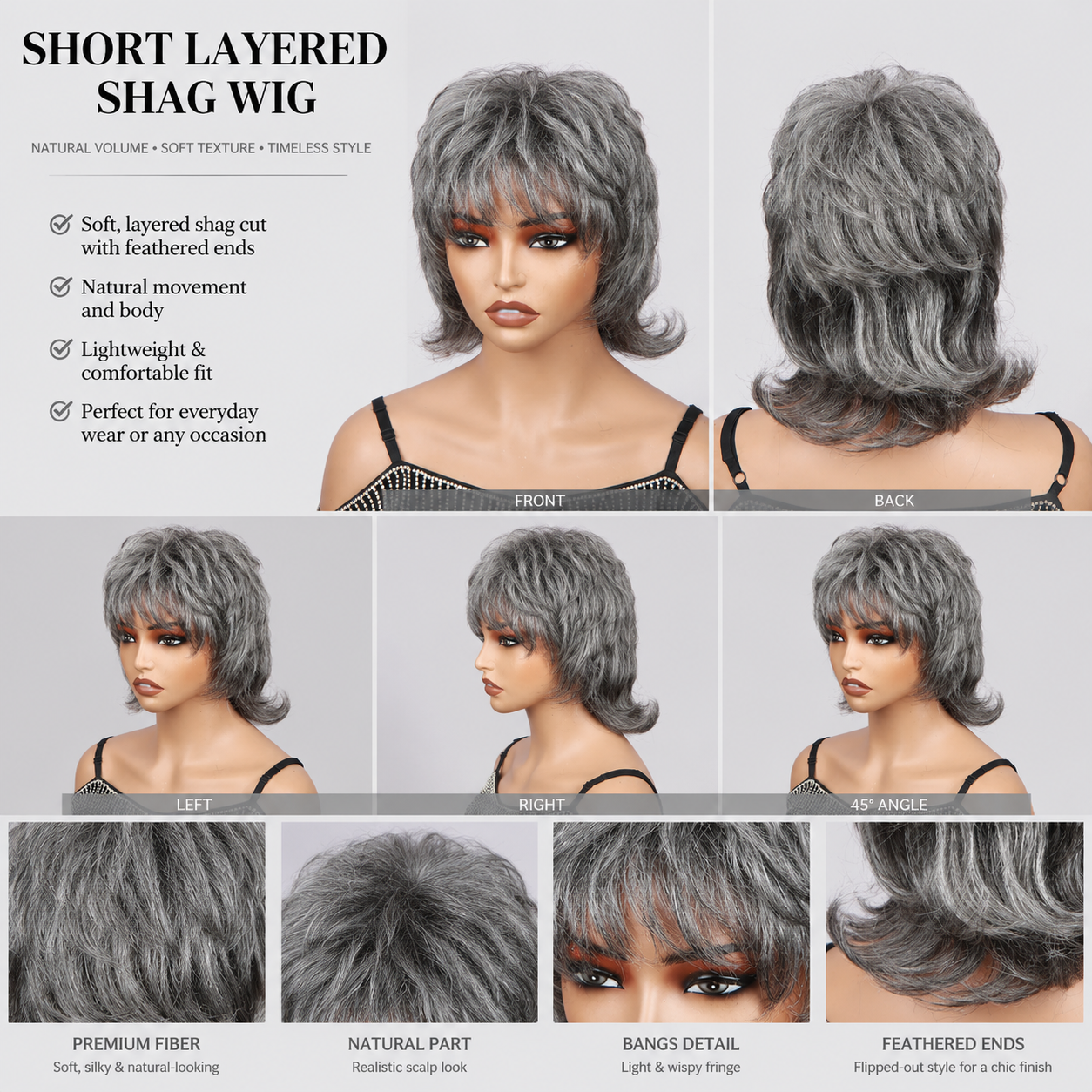 Salt & Pepper Wolf Tail Wig Natural Waves Human Hair Glue-Free Women's Style