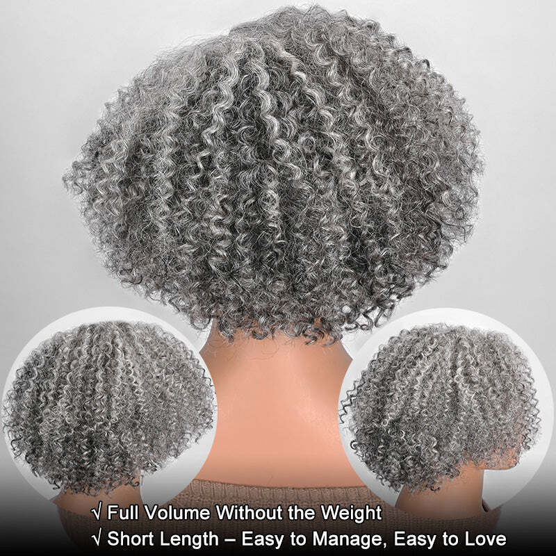 Salt And Pepper Short Jerry Curly Gray Wig Full Machine Made Human Hair Glueless Lace Wigs For Mature & Stylish Women