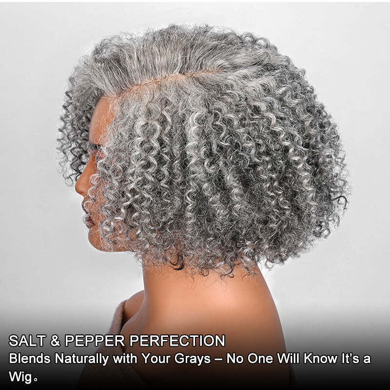 Salt And Pepper Short Jerry Curly Gray Wig Full Machine Made Human Hair Glueless Lace Wigs For Mature & Stylish Women