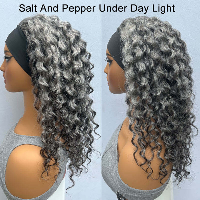 Salt And Pepper Water Wave Wig Glueless Human Hair Headband Wigs