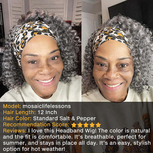 Salt And Pepper Water Wave Wig Glueless Human Hair Headband Wigs