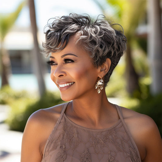 Salt & Pepper Pixie Cut Wig Natural Wave Human Hair Glueless Wigs For Women