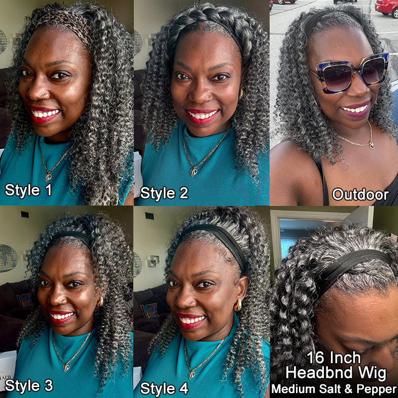 Wear & Go Salt & Pepper Kinky Curly Human Hair Headband Wig For Black Women
