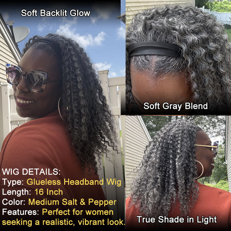 Wear & Go Salt & Pepper Kinky Curly Human Hair Headband Wig For Black Women