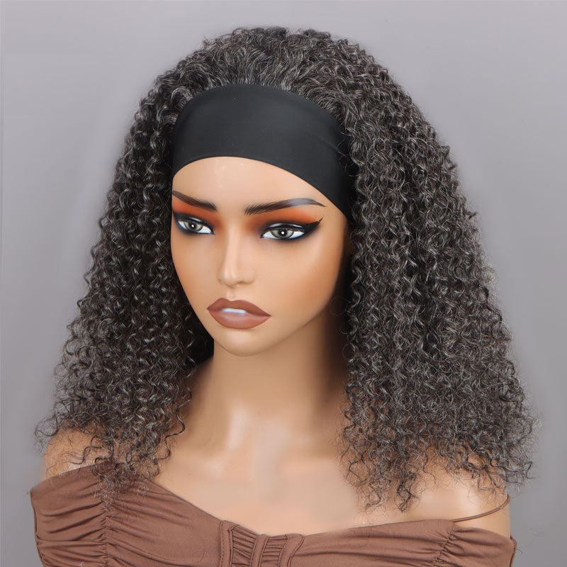 Wear & Go Salt & Pepper Kinky Curly Human Hair Headband Wig For Black Women