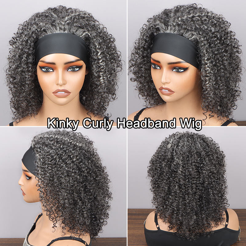 Wear & Go Salt & Pepper Kinky Curly Human Hair Headband Wig For Black Women
