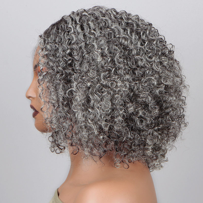 Silver Gray Jerry Curly V-Part Glueless Wigs Real Human Hair Salt and Pepper Short Bob For Women Over 50