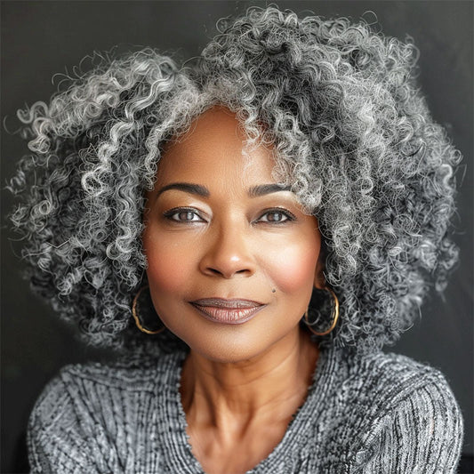 Silver Gray Jerry Curly V-Part Glueless Wigs Real Human Hair Salt and Pepper Short Bob For Women Over 50