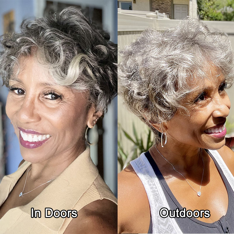 Salt & Pepper Pixie Cut Wig Natural Wave Human Hair Glueless Wigs For Women