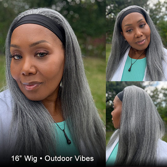 Silver Gray Straight Hair Headband Wig Real Human Hair Salt & Pepper Glueless Wigs For Women