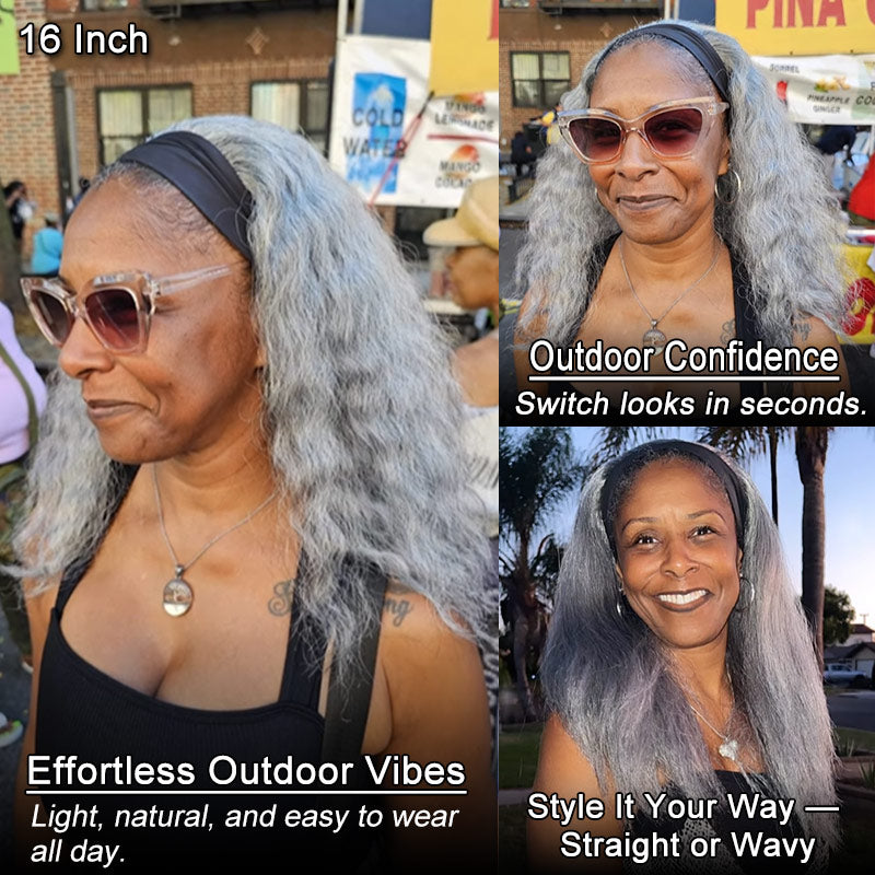 Silver Gray Straight Hair Headband Wig Real Human Hair Salt & Pepper Glueless Wigs For Women