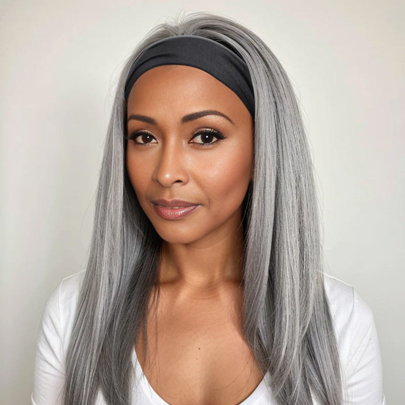 Silver Gray Straight Hair Headband Wig Real Human Hair Salt & Pepper Glueless Wigs For Women