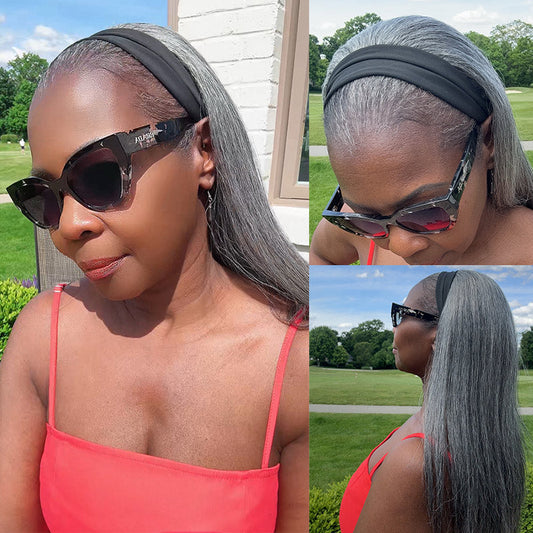 Silver Gray Straight Hair Headband Wig Real Human Hair Salt & Pepper Glueless Wigs For Women