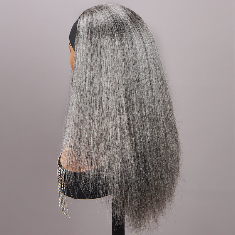Silver Gray Straight Hair Headband Wig Real Human Hair Salt & Pepper Glueless Wigs For Women