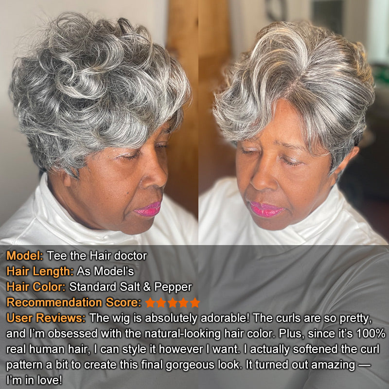 Salt & Pepper Pixie Cut Wig Natural Wave Human Hair Glueless Wigs For Women