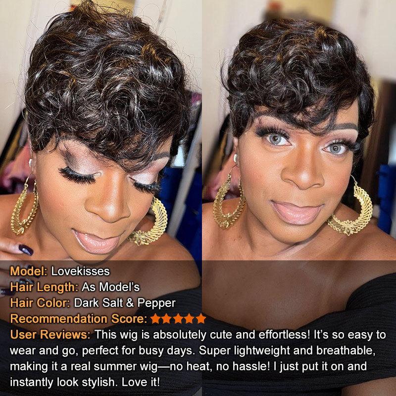 Salt & Pepper Pixie Cut Wig Natural Wave Human Hair Glueless Wigs For Women