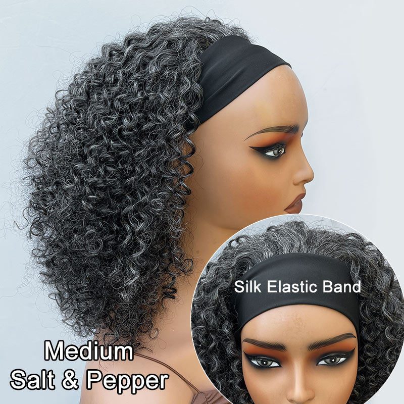 Wear & Go Salt & Pepper Kinky Curly Human Hair Headband Wig For Black Women