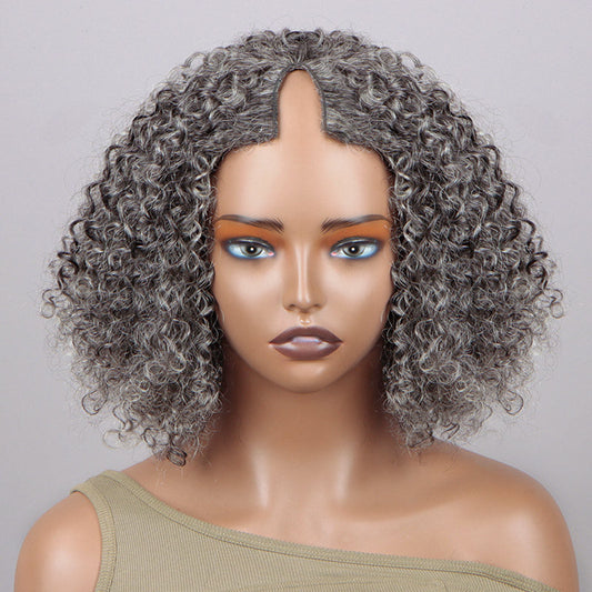 Silver Gray Jerry Curly V-Part Glueless Wigs Real Human Hair Salt and Pepper Short Bob For Women Over 50