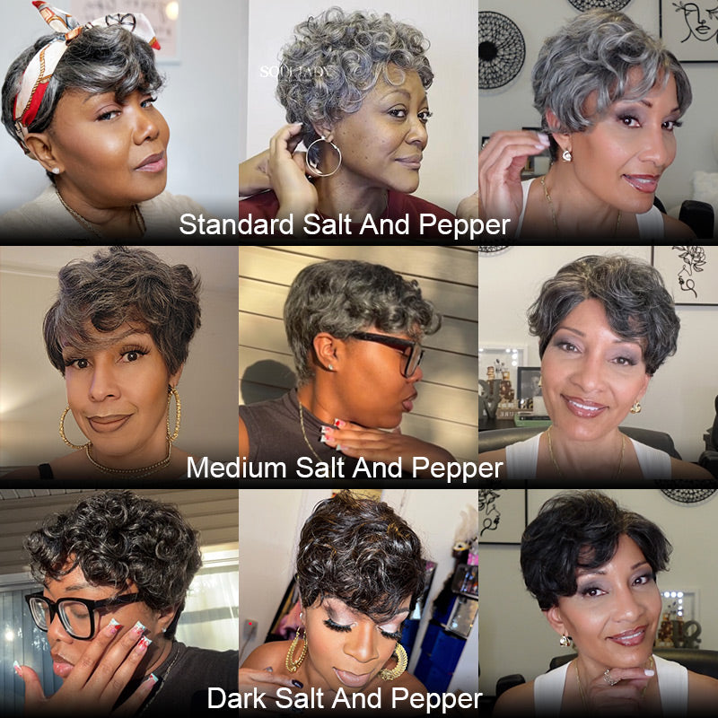 Salt & Pepper Pixie Cut Wig Natural Wave Human Hair Glueless Wigs For Women