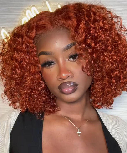 Ginger Orange Curly Bob Wigs HD Lace Frontal Human Hair Wig With 180% Density