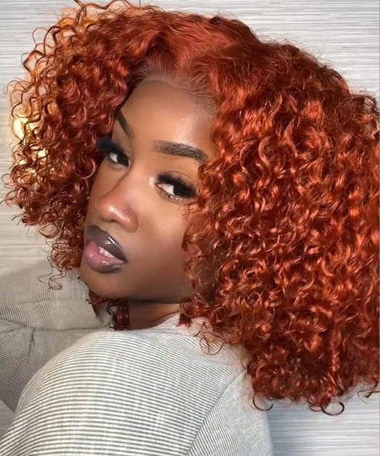Ginger Orange Curly Bob Wigs HD Lace Frontal Human Hair Wig With 180% Density
