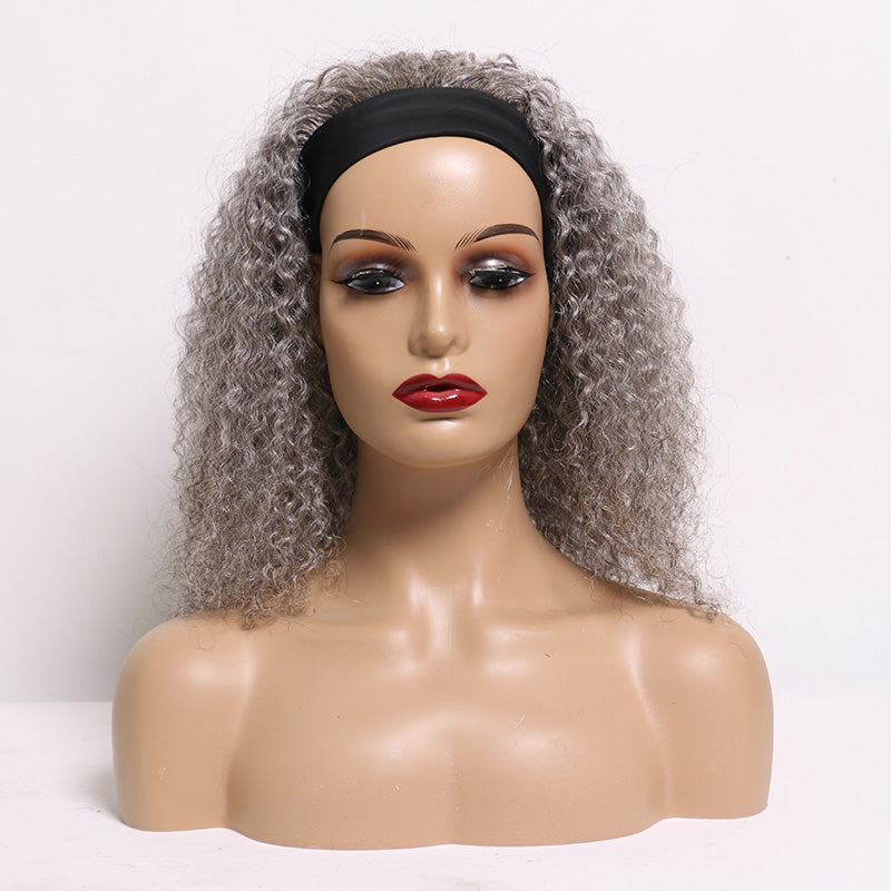 SeniorBella Ready To Go Salt And Pepper Water Wave Human Hair Headband Wig