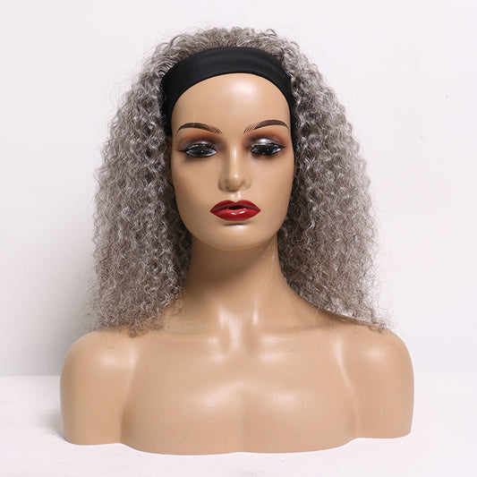 SeniorBella Ready To Go Salt And Pepper Water Wave Human Hair Headband Wig