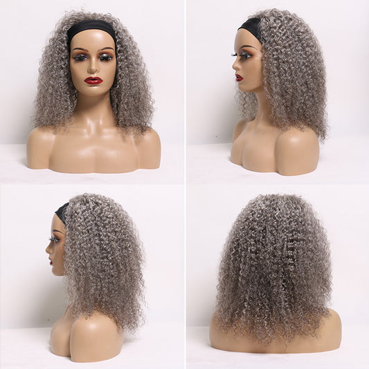 SeniorBella Ready To Go Salt And Pepper Water Wave Human Hair Headband Wig
