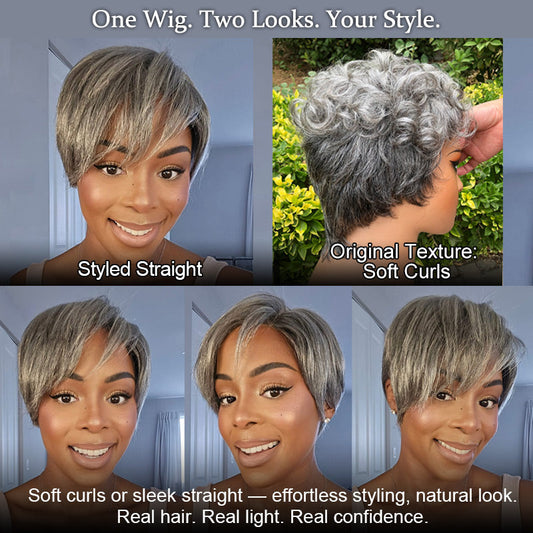 Salt & Pepper Pixie Cut Wig Natural Wave Human Hair Glueless Wigs For Women