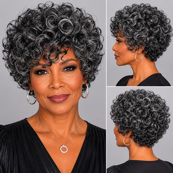 compare product Ready to Wear Glueless Human Hair Wig Salt & Pepper Short Spiral Curly Wig for Women