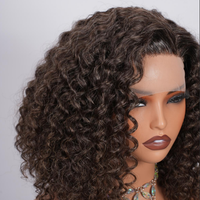 T -Part Lace Dark Brown Salt & Pepper Curly Human Hair Water Wave Wig For Black Women
