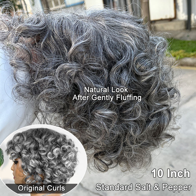Chic Salt & Pepper Loose Curly Bob Silver Gray Human Hair Glueless Wigs For Elderly Women