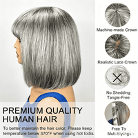 Salt & Pepper Straight Bob Wig With Bangs Real Human Hair Glueless Wigs For Seniors