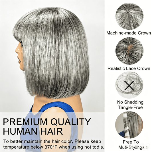 Salt & Pepper Straight Bob Wig With Bangs Real Human Hair Glueless Wigs For Seniors