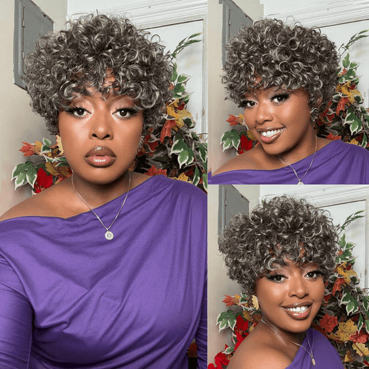 Salt & Pepper Short Spiral Curly Wig Ready to Wear Glueless Human Hair Wig  for Women