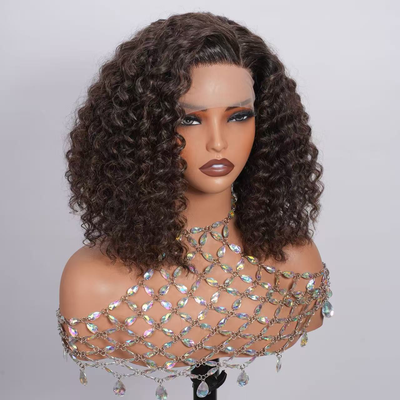 T -Part Lace Dark Brown Salt & Pepper Curly Human Hair Water Wave Wig For Black Women