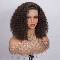 T -Part Lace Dark Brown Salt & Pepper Curly Human Hair Water Wave Wig For Black Women