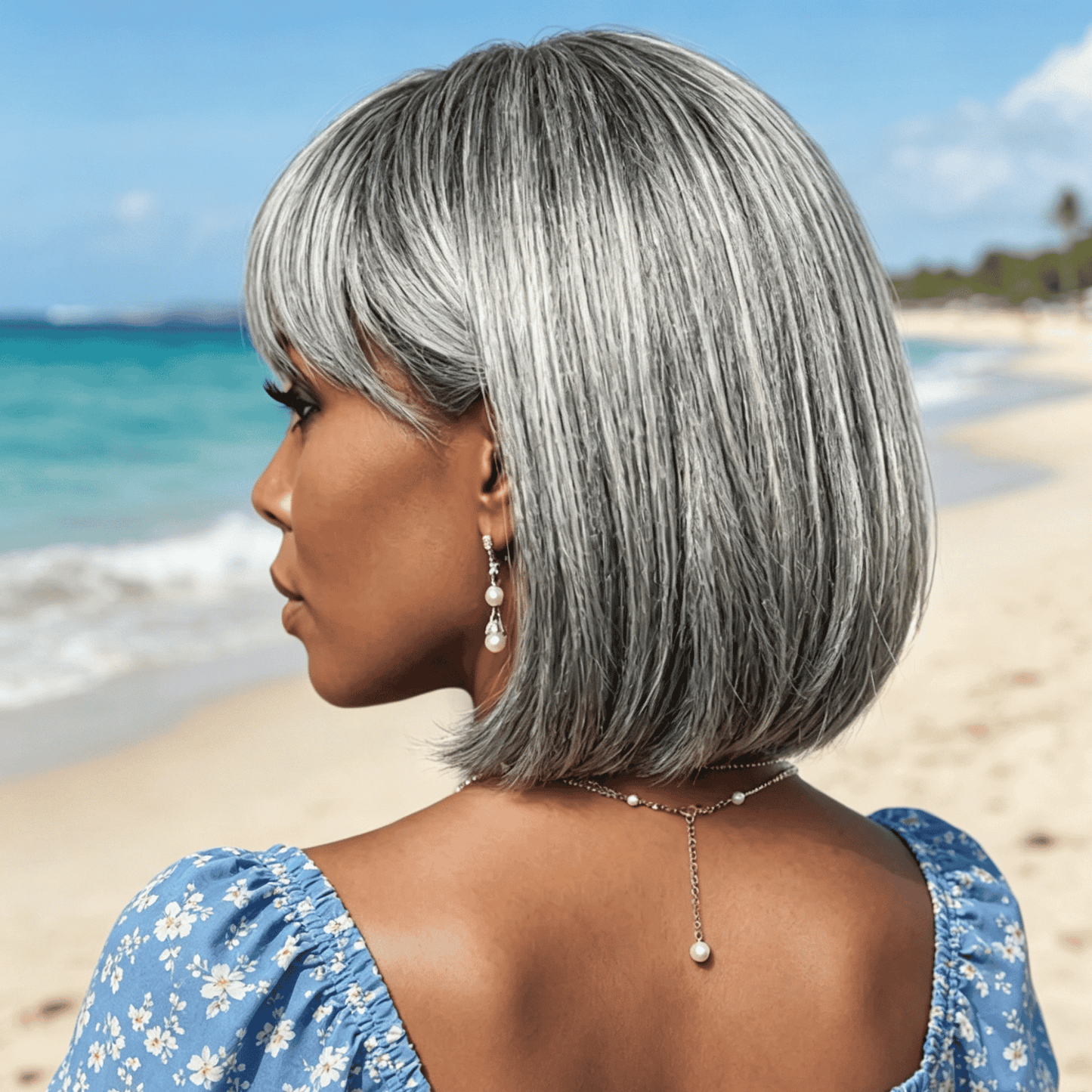 Salt & Pepper Straight Bob Wig With Bangs Real Human Hair Glueless Wigs For Seniors