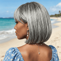 Salt & Pepper Straight Bob Wig With Bangs Real Human Hair Glueless Wigs For Seniors