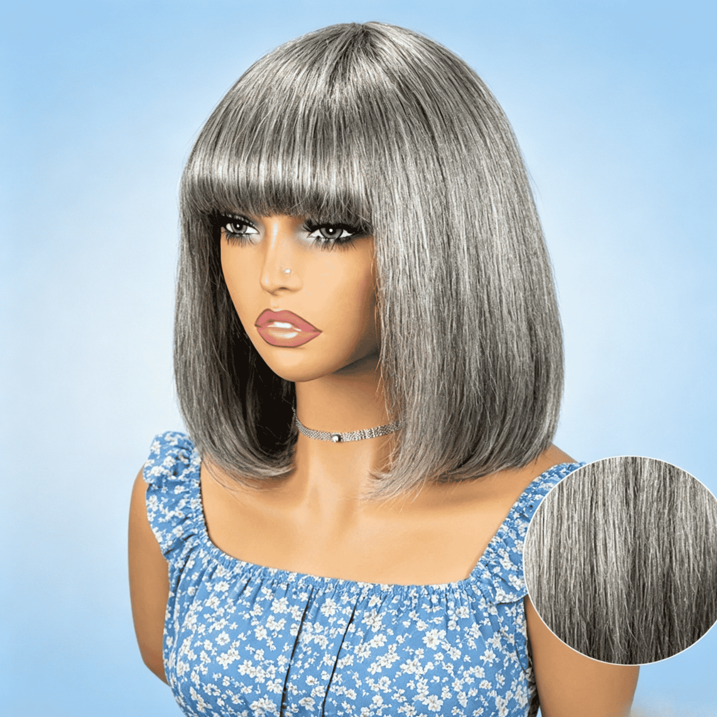 Salt & Pepper Straight Bob Wig With Bangs Real Human Hair Glueless Wigs For Seniors