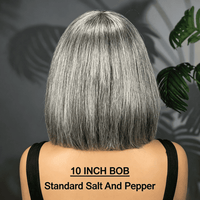 Salt & Pepper Straight Bob Wig With Bangs Real Human Hair Glueless Wigs For Seniors