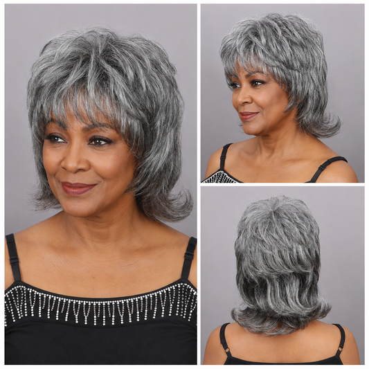 Salt & Pepper Wolf Tail Wig Natural Waves Human Hair Glue-Free Women's Style