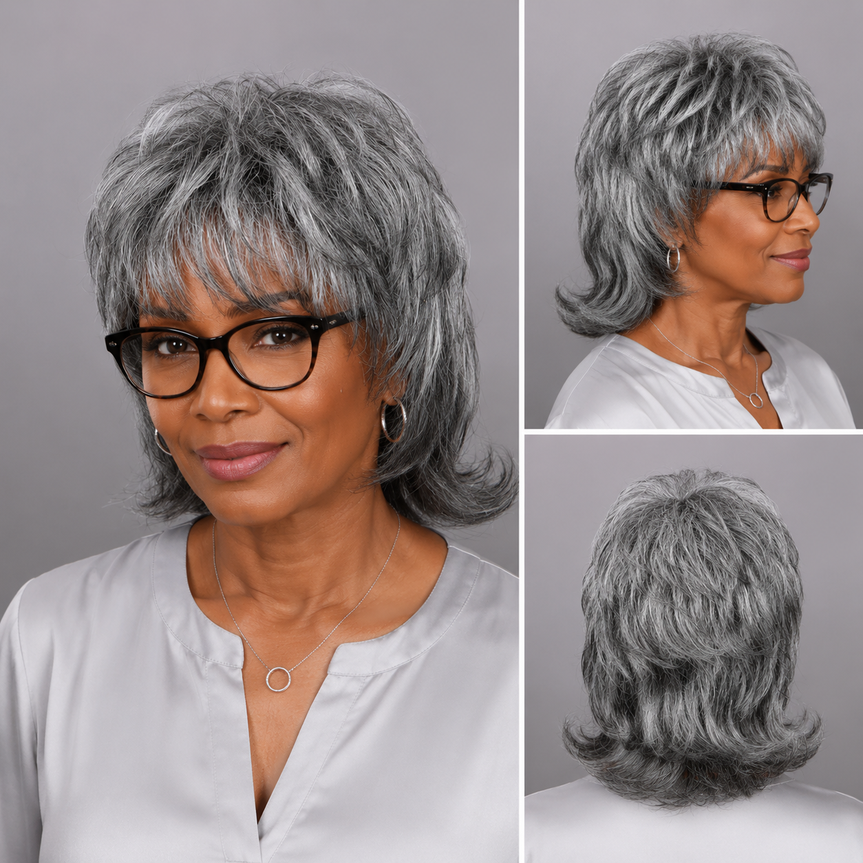 Salt & Pepper Wolf Tail Wig Natural Waves Human Hair Glue-Free Women's Style
