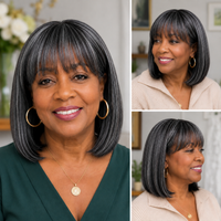 Salt & Pepper Straight Bob Wig With Bangs, Real Human Hair Glueless Wigs For Seniors, Black Base With Gray Highlights