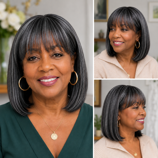 Salt & Pepper Straight Bob Wig With Bangs, Real Human Hair Glueless Wigs For Seniors, Black Base With Gray Highlights