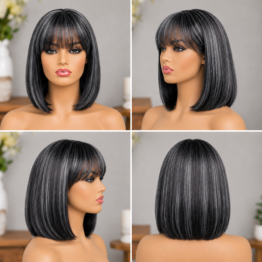 Salt & Pepper Straight Bob Wig With Bangs, Real Human Hair Glueless Wigs For Seniors, Black Base With Gray Highlights